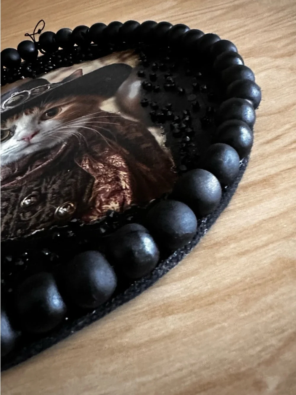Hand Crafted Black Beaded Framed Cat Portrait